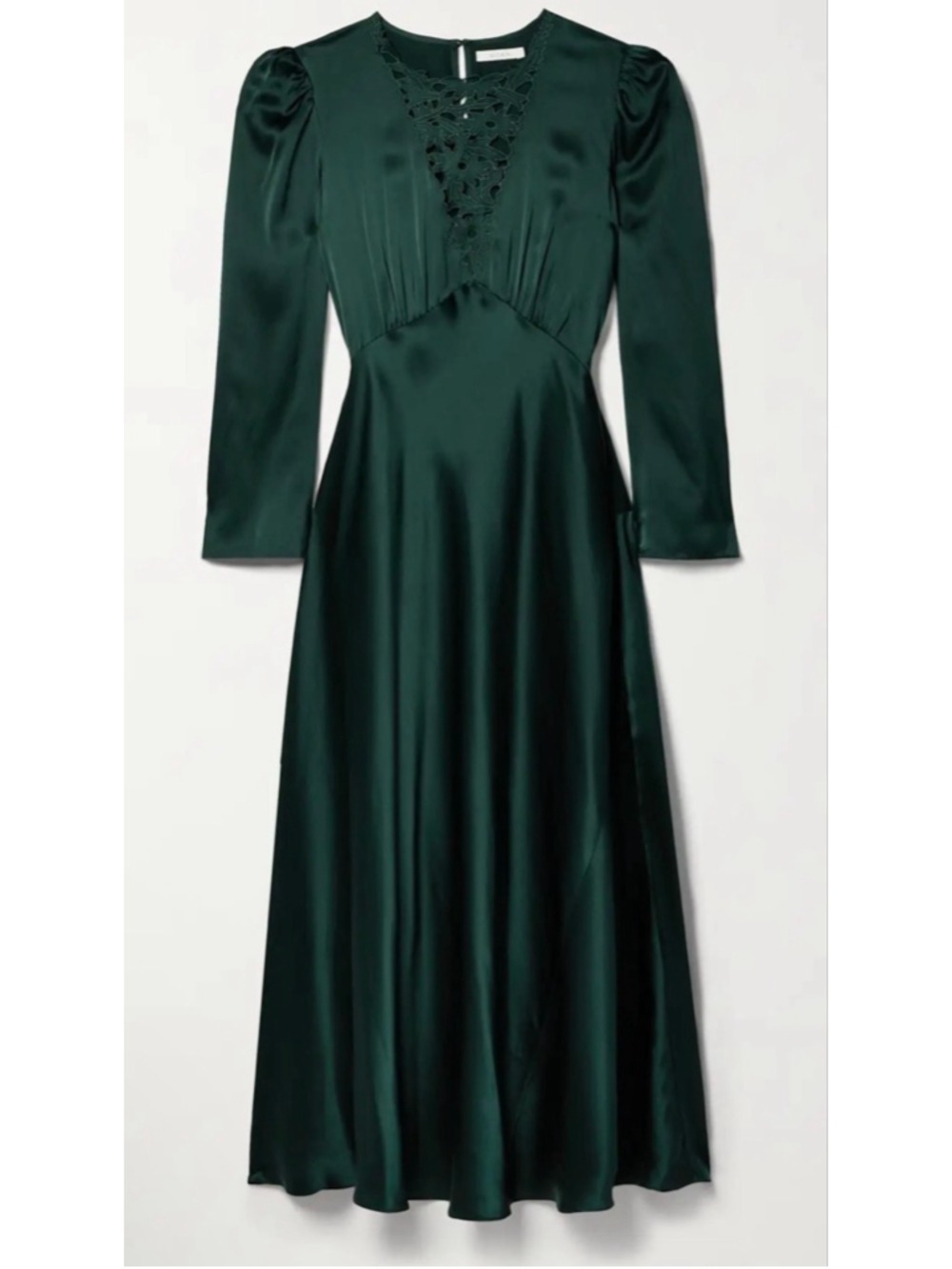 NWT DÔEN Heirloom Melinda Embroidered Silk-Satin Midi Dress in Alpine Green L!
